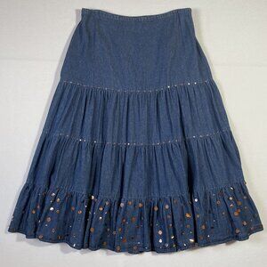 Carrie Allen Tiered Denim Midi Skirt Blue with Copper Metallic Sequins Size L